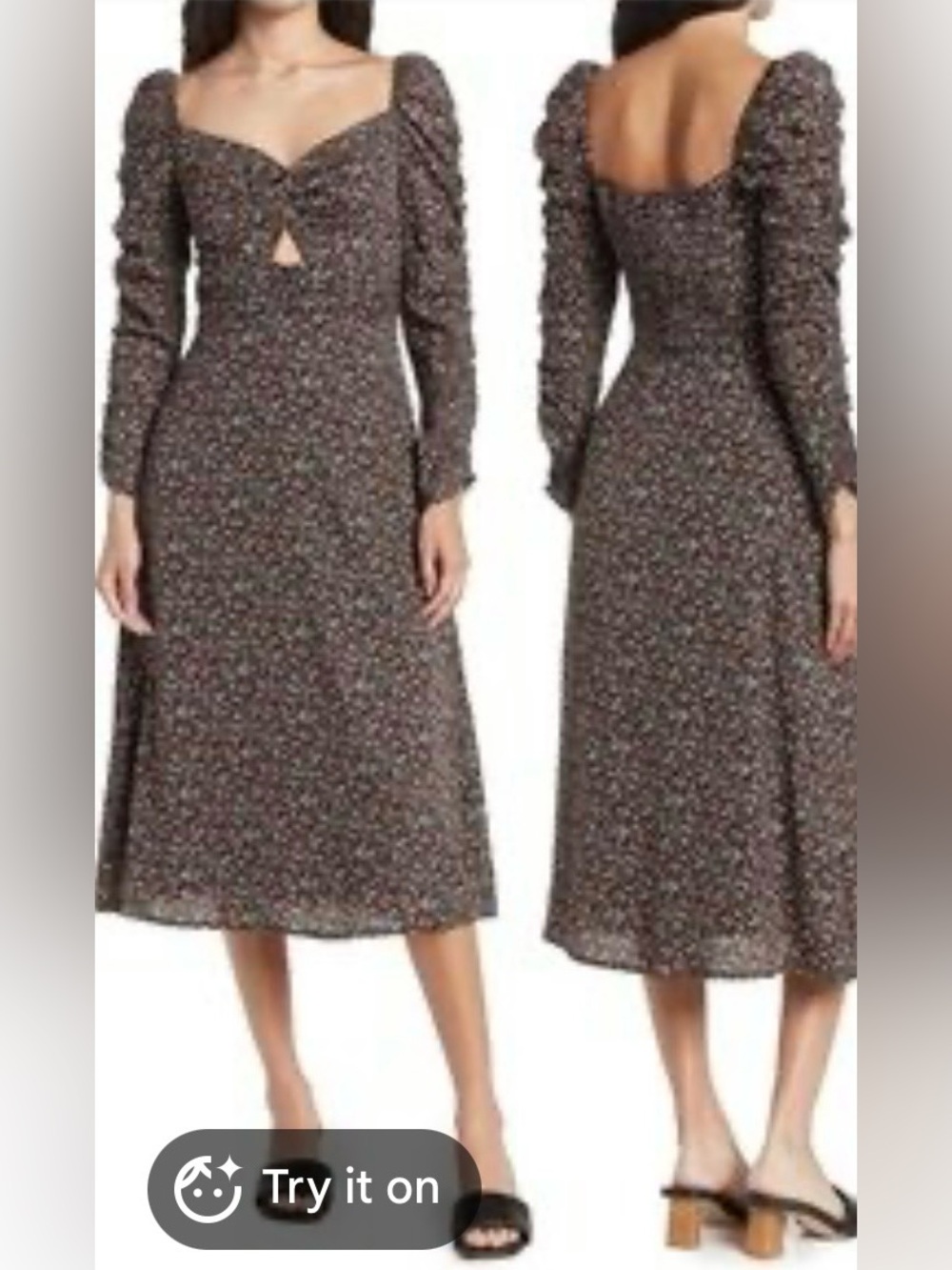 ASTR Brown Floral Midi Dress with Puff Long Sleeves size XL